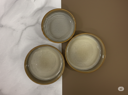 Three ceramic bowls with gold rims on a marble and brown background